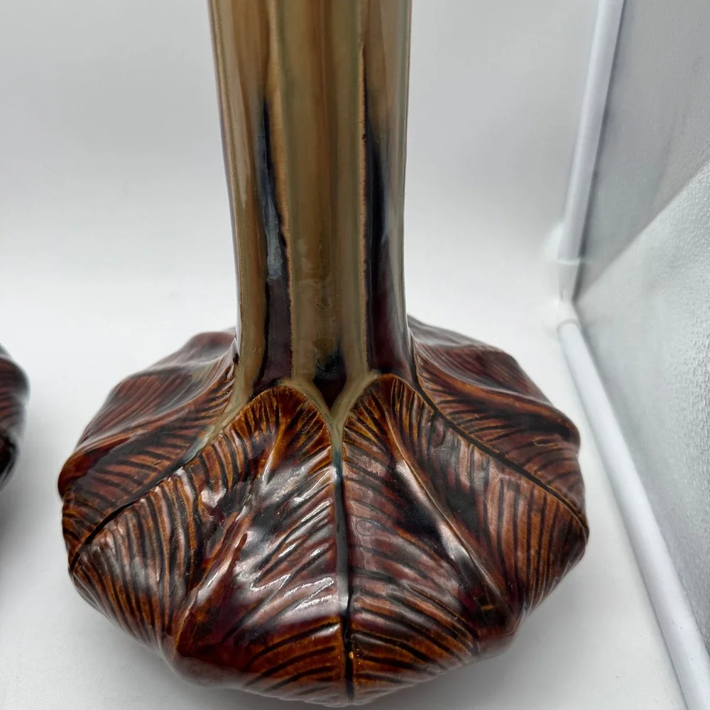 MCM Style Global Views Onion Vase Large Ceramic Art Deco Brown Green Glazed 17